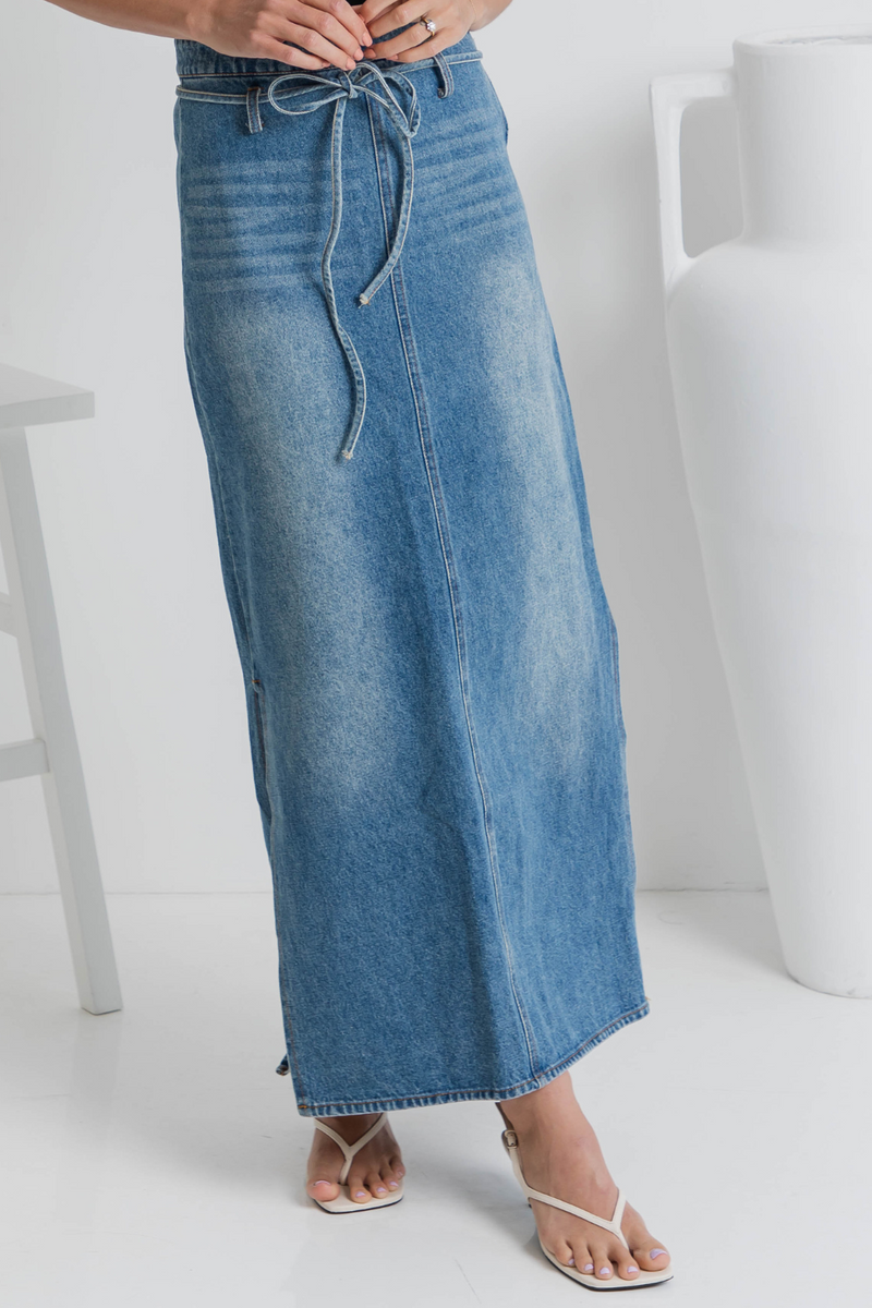 Skye Denim Maxi Skirt - Mid-Wash - The Self Styler