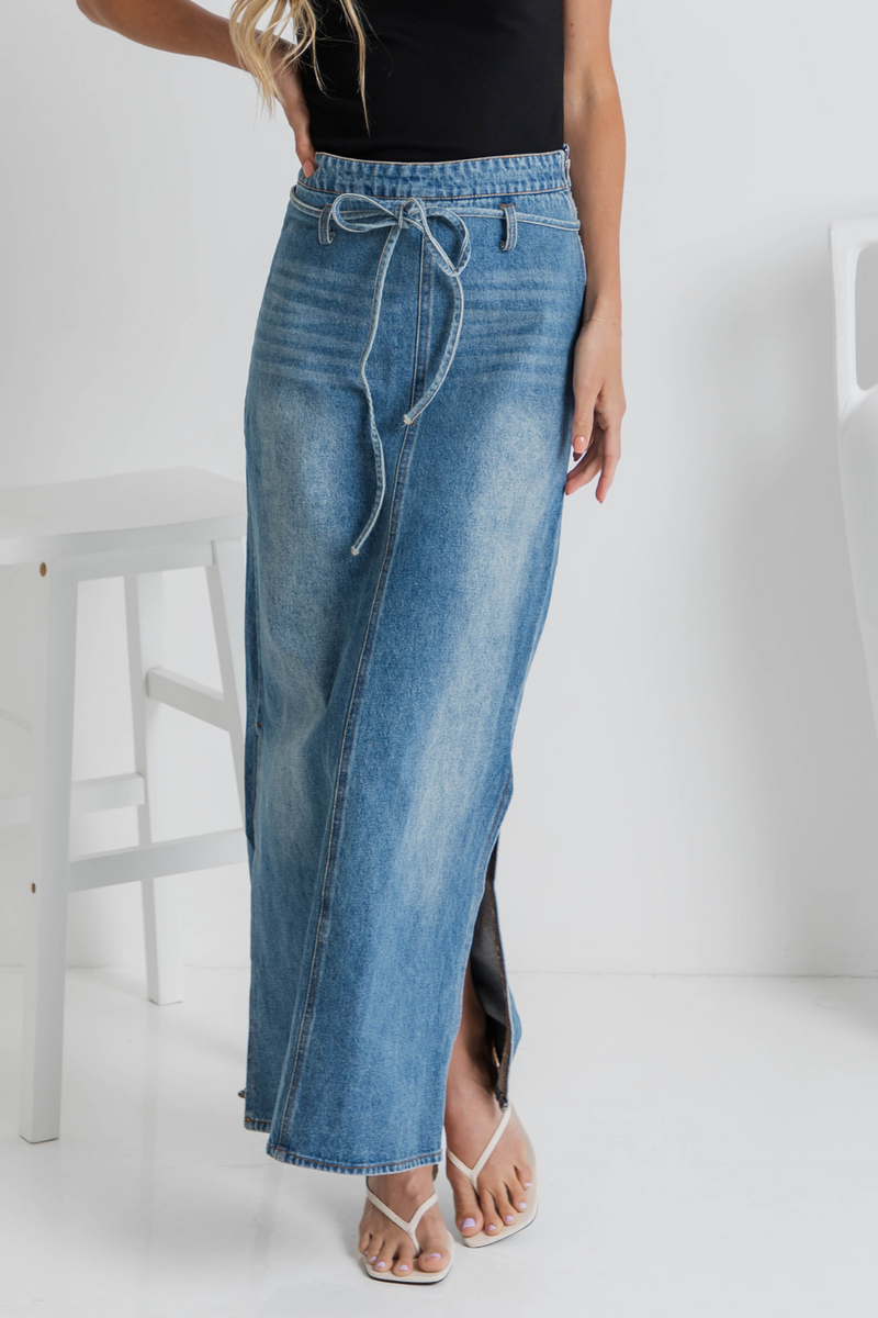 Skye Denim Maxi Skirt - Mid-Wash - The Self Styler