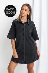 Tallow Relaxed-Fit Denim Mini Dress - Black - The Self Styler