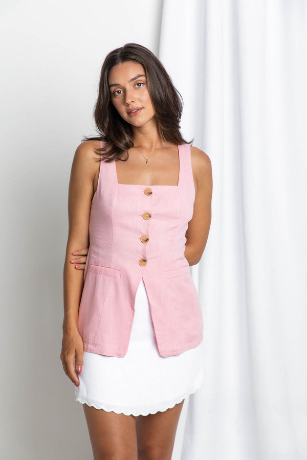 Pia Linen Vest - Pink - The Self Styler