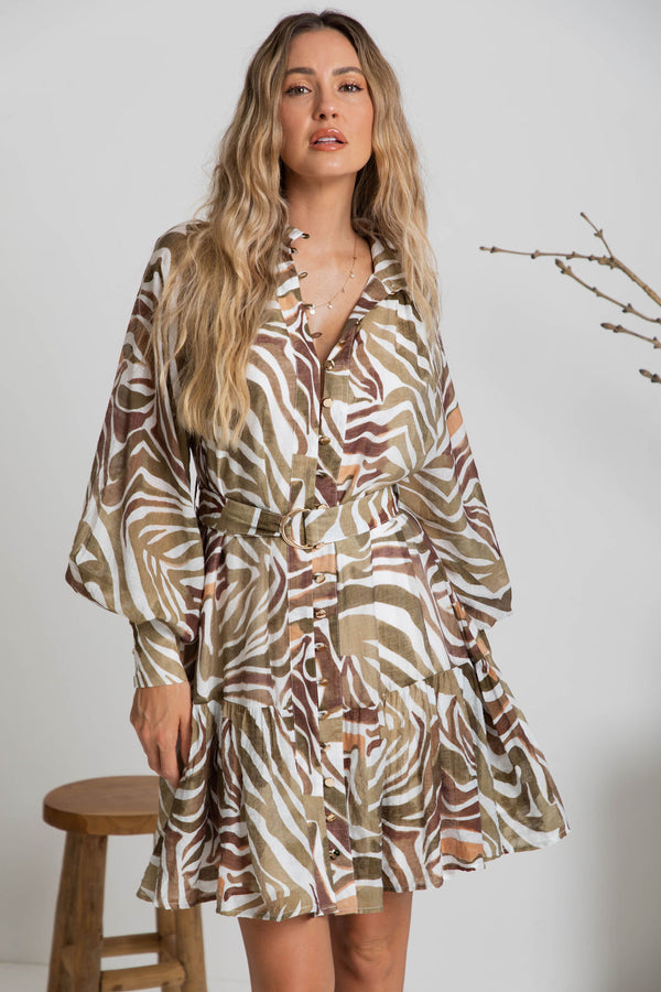 Khalia Mini Dress - Khaki Zebra Print - The Self Styler