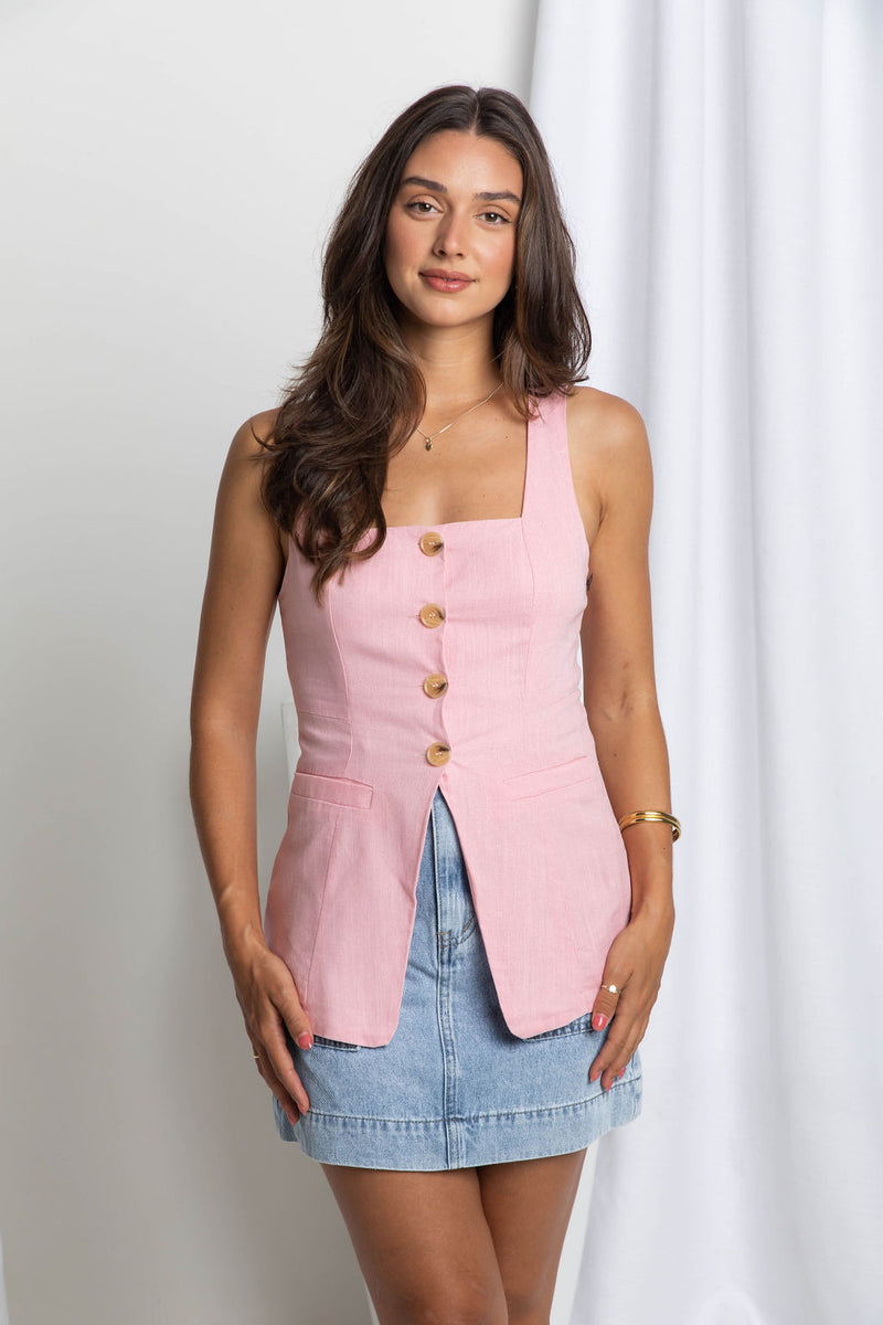 Pia Linen Vest - Pink - The Self Styler