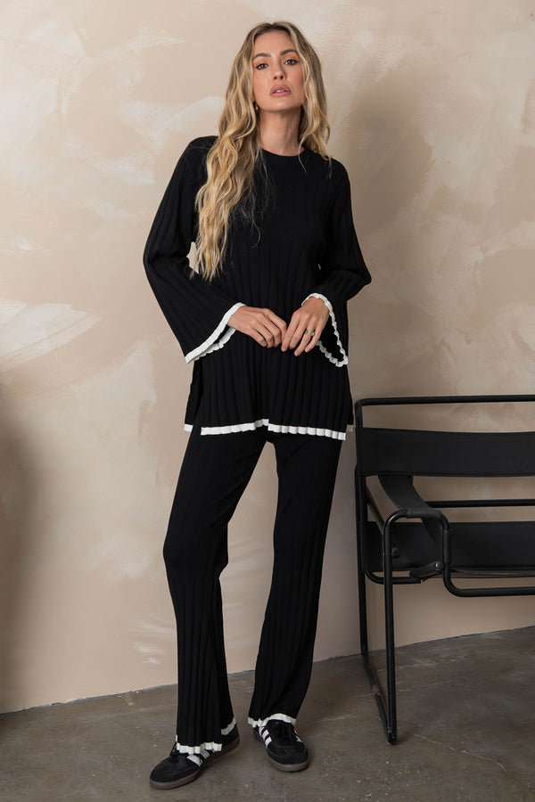 Penelope Knit Pant - Black With Ivory Trim - The Self Styler