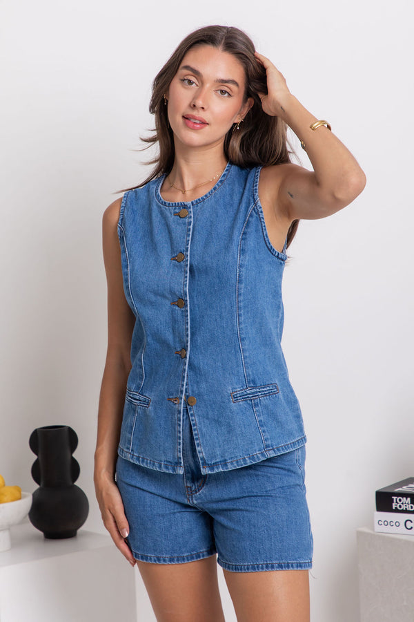 Atlas Denim Vest Top - Mid-Wash Blue Denim - The Self Styler