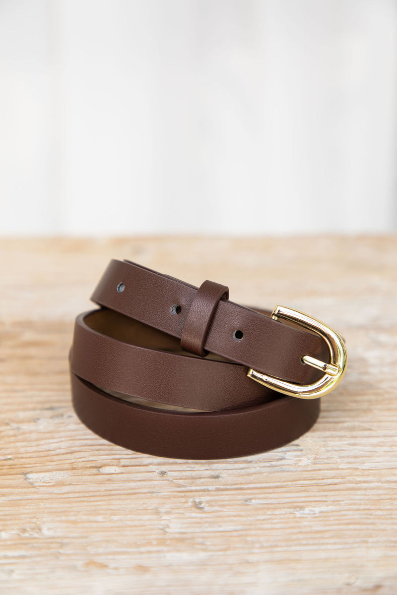 Ellis Skinny Belt - Brown/Gold - The Self Styler