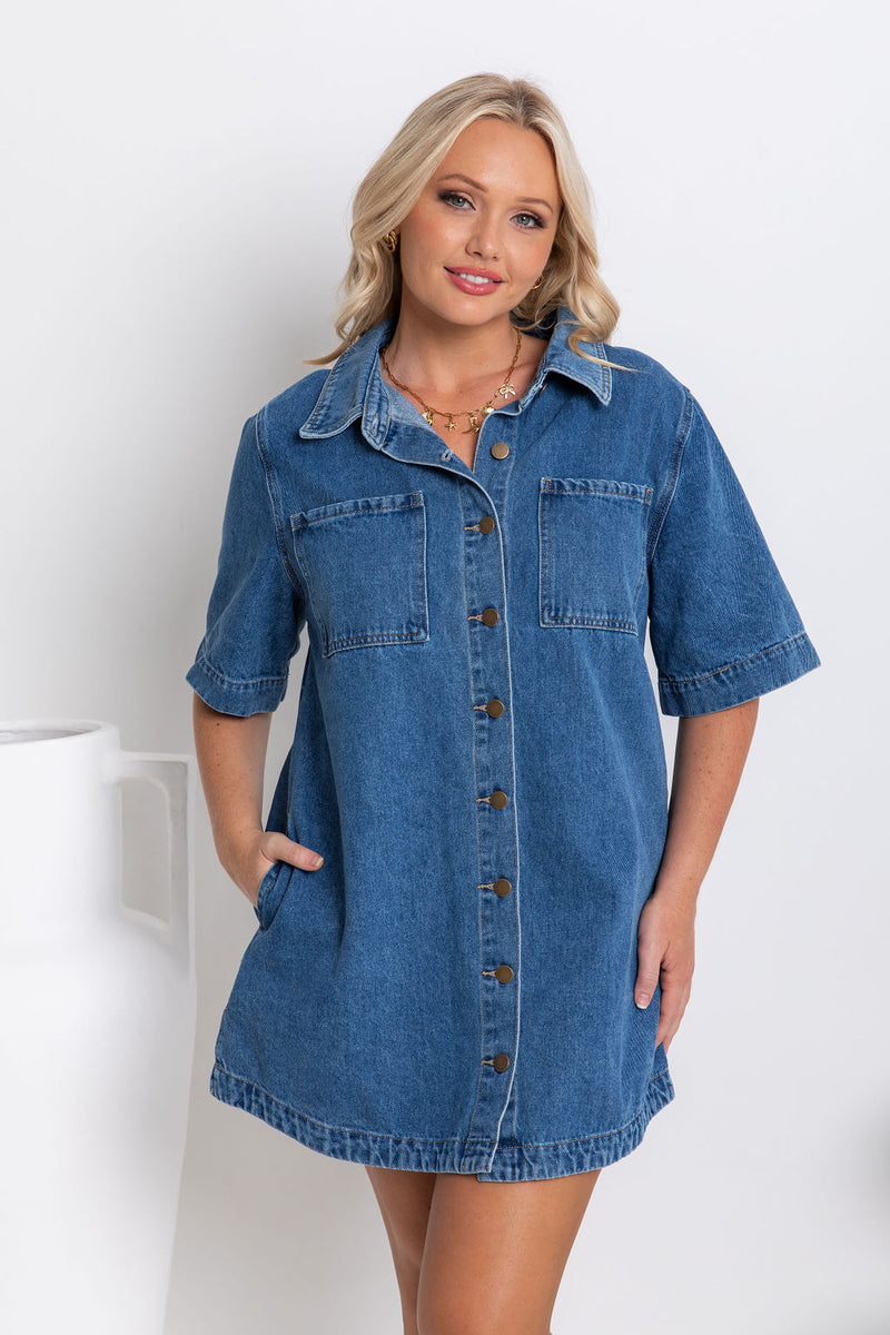 Tallow Relaxed-Fit Denim Mini Dress - Dark Blue Wash - The Self Styler