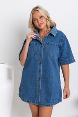 Tallow Relaxed-Fit Denim Mini Dress - Dark Blue Wash - The Self Styler