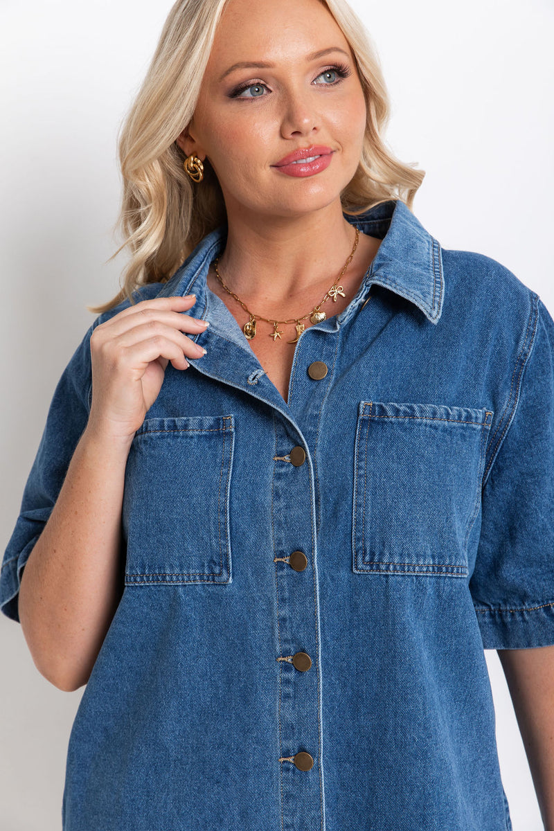 Tallow Relaxed-Fit Denim Mini Dress - Dark Blue Wash - The Self Styler