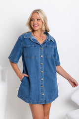 Tallow Relaxed-Fit Denim Mini Dress - Dark Blue Wash - The Self Styler