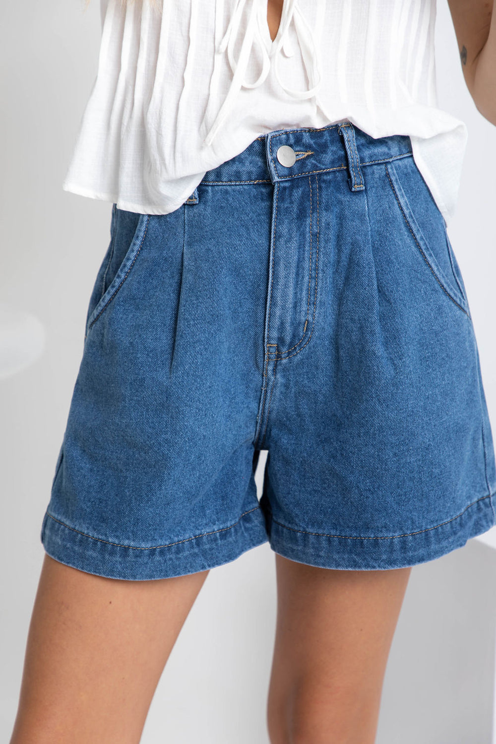 Reuben High Rise Denim Shorts Dark Blue Wash The Self Styler