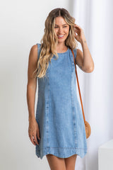 Wren Scallop Trim Denim Dress - Mid Wash Blue - The Self Styler