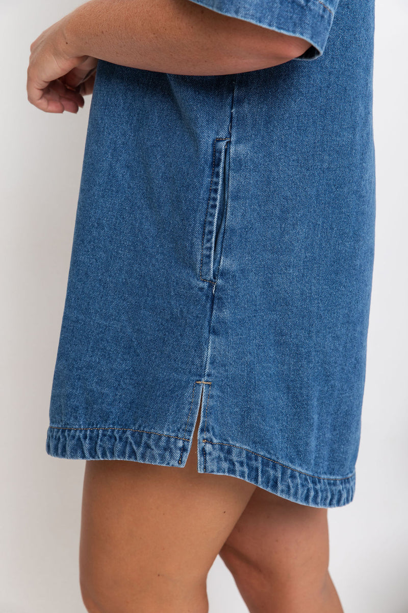 Tallow Relaxed-Fit Denim Mini Dress - Dark Blue Wash - The Self Styler