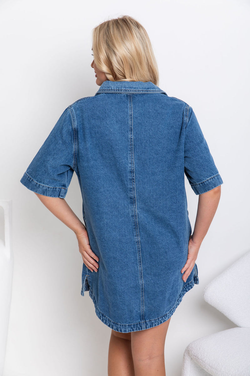 Tallow Relaxed-Fit Denim Mini Dress - Dark Blue Wash - The Self Styler