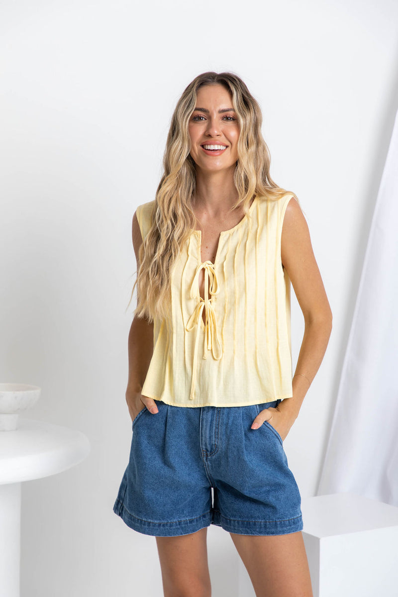 Harlow Pintuck Cotton Top - Yellow - The Self Styler