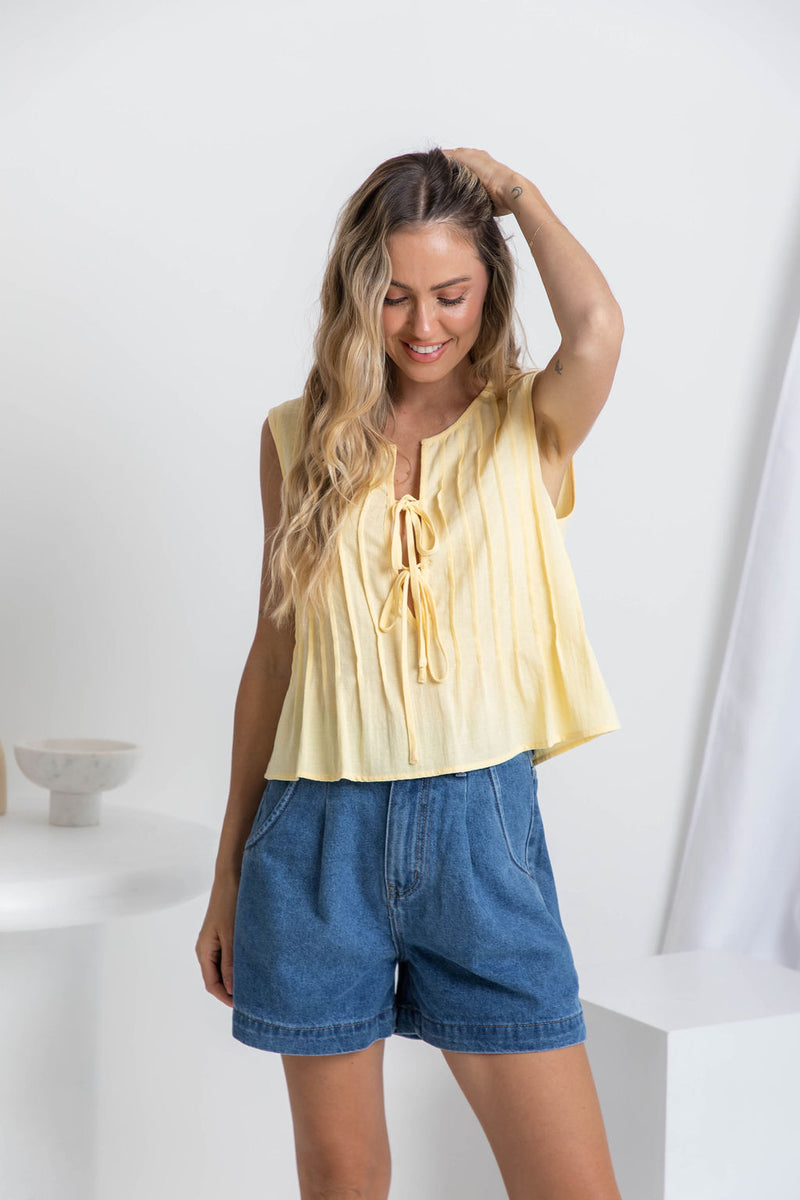 Harlow Pintuck Cotton Top - Yellow - The Self Styler