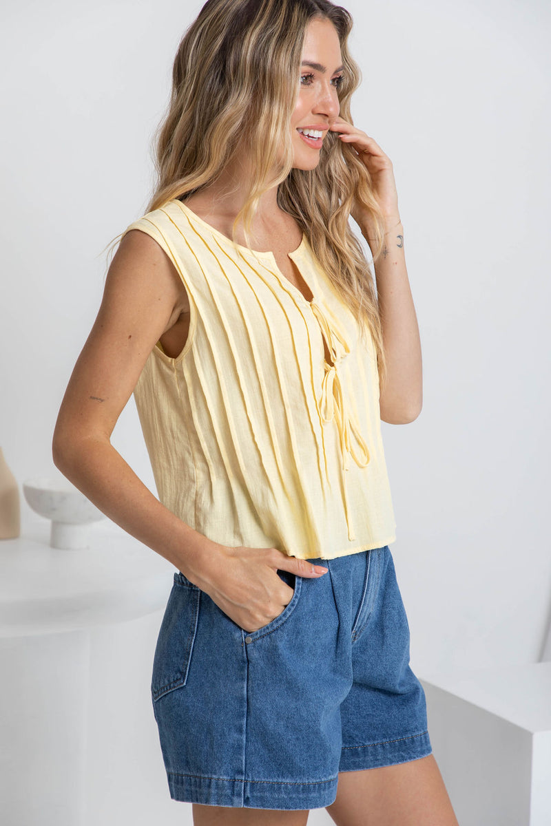 Harlow Pintuck Cotton Top - Yellow - The Self Styler