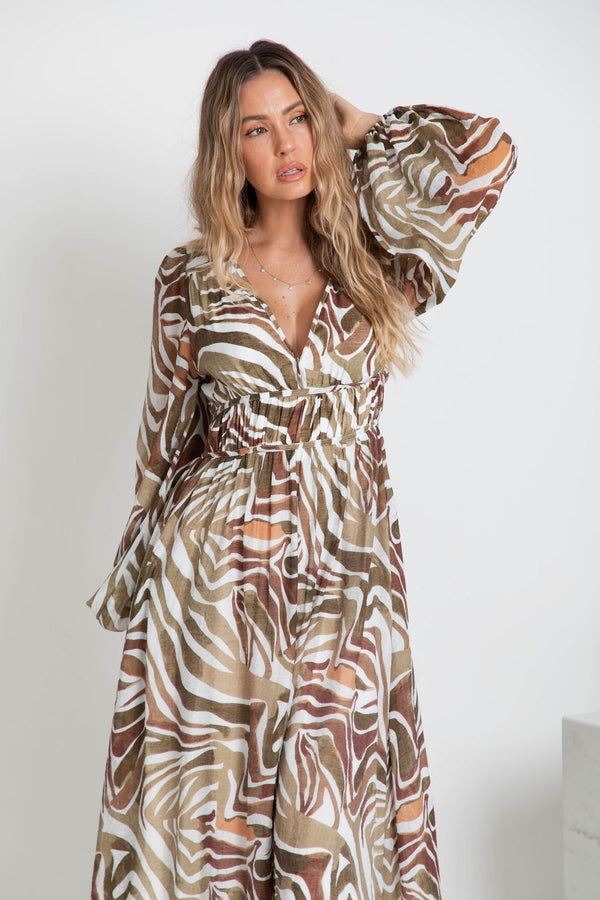 Solana Midi Dress - Khaki Zebra Print - The Self Styler