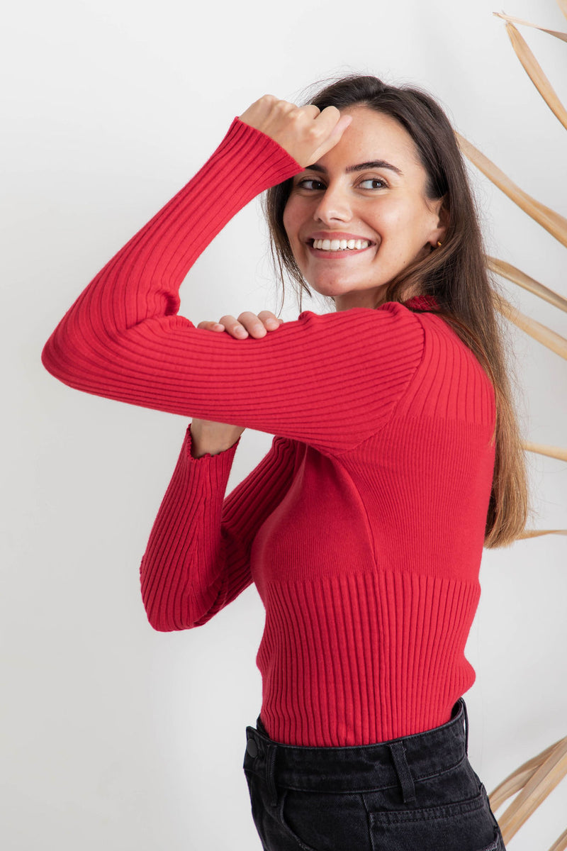 Ruby Knit Long Sleeve Knit Top - Red - The Self Styler