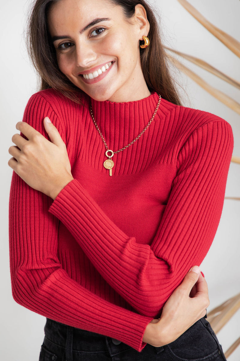 Ruby Knit Long Sleeve Knit Top - Red - The Self Styler