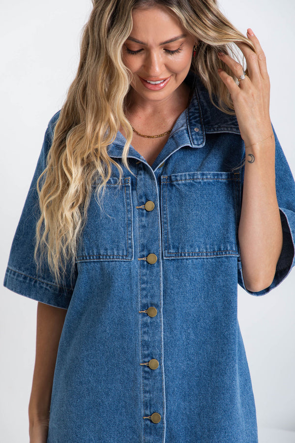 Tallow Relaxed-Fit Denim Mini Dress - Dark Blue Wash - The Self Styler