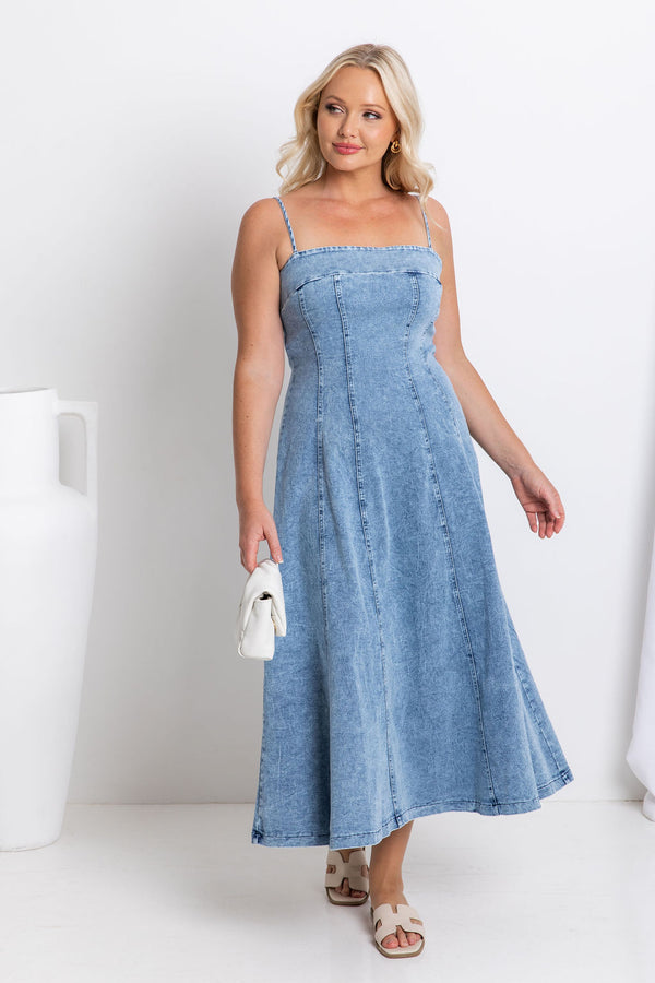 Kylie Denim Midi Dress - Light Wash - The Self Styler