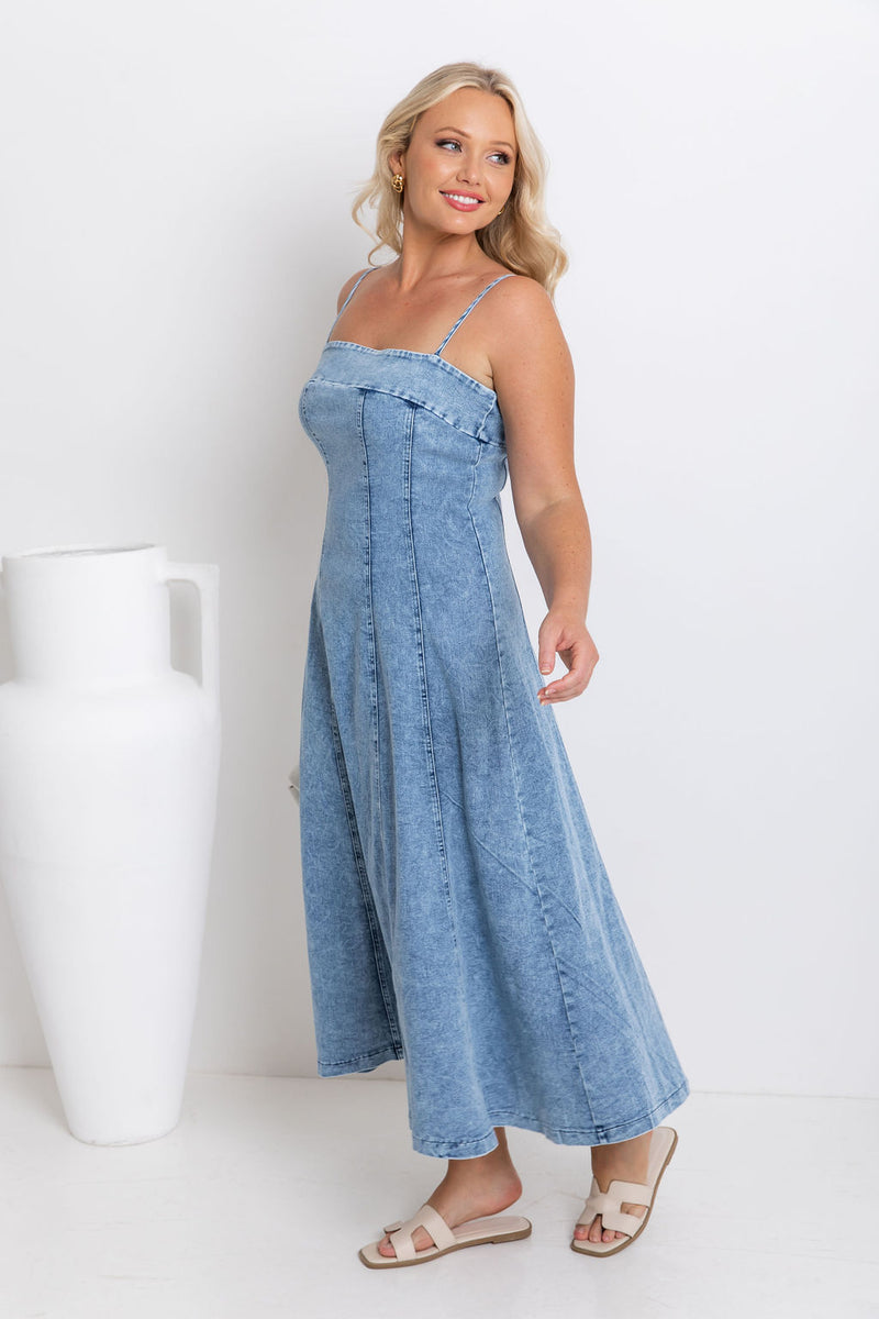 Kylie Denim Midi Dress - Light Wash - The Self Styler