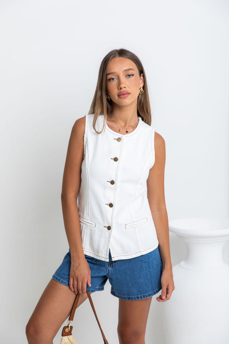 Atlas Denim Vest Top - Ivory White - The Self Styler