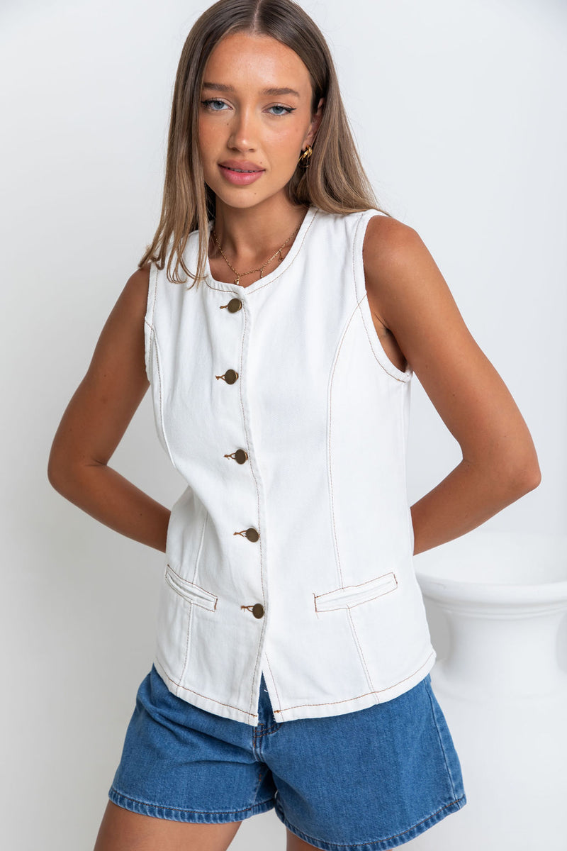 Atlas Denim Vest Top - Ivory White - The Self Styler