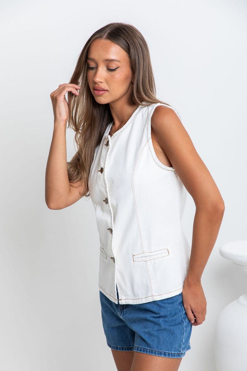 Atlas Denim Vest Top - Ivory White - The Self Styler