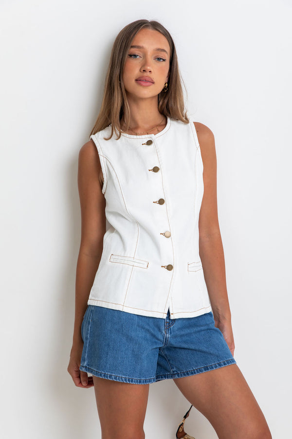 Atlas Denim Vest Top - Ivory White - The Self Styler