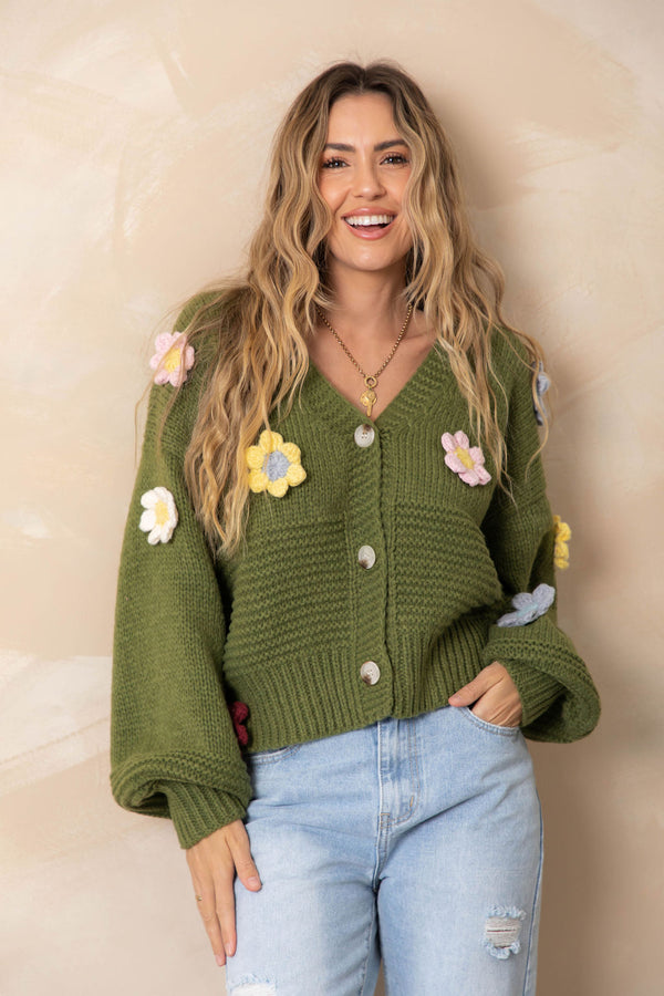 Bloom Flower Knit Cardigan - Fern Green - The Self Styler