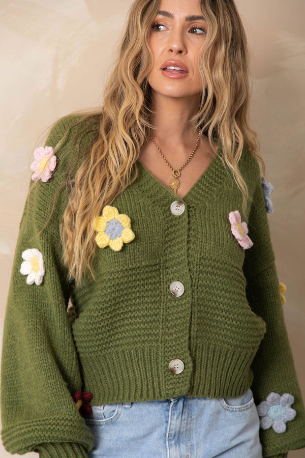 Bloom Flower Knit Cardigan - Fern Green - The Self Styler