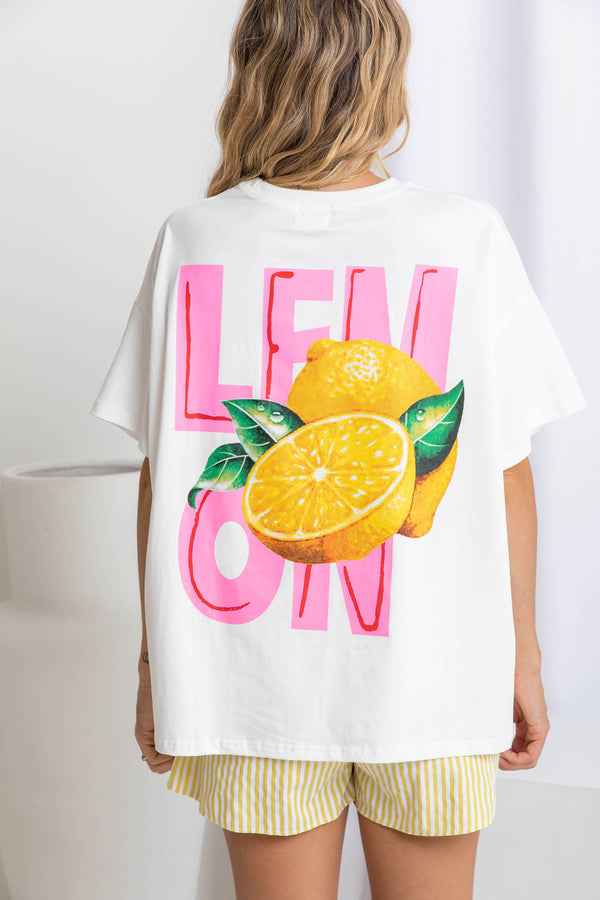 Callie Relaxed-Fit Graphic Tee - Pink Lemon Print - The Self Styler