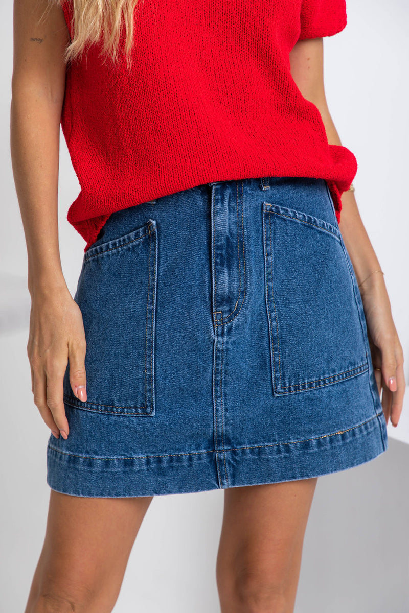 Heidi Denim Mini Skirt - Dark Blue Wash - The Self Styler - The Self Styler