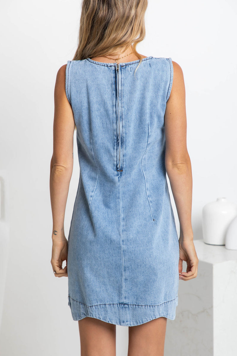 Wren Scallop Trim Denim Dress - Mid Wash Blue - The Self Styler