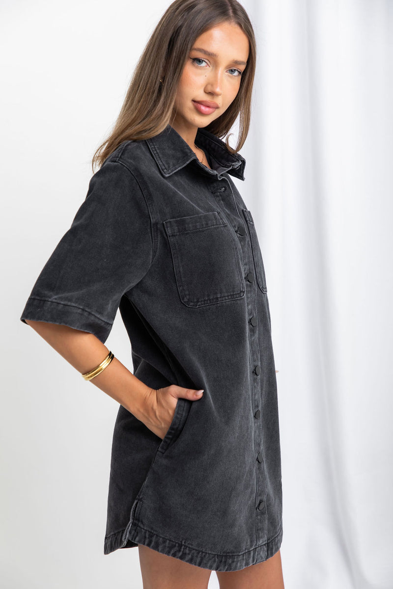 Tallow Relaxed-Fit Denim Mini Dress - Black - The Self Styler