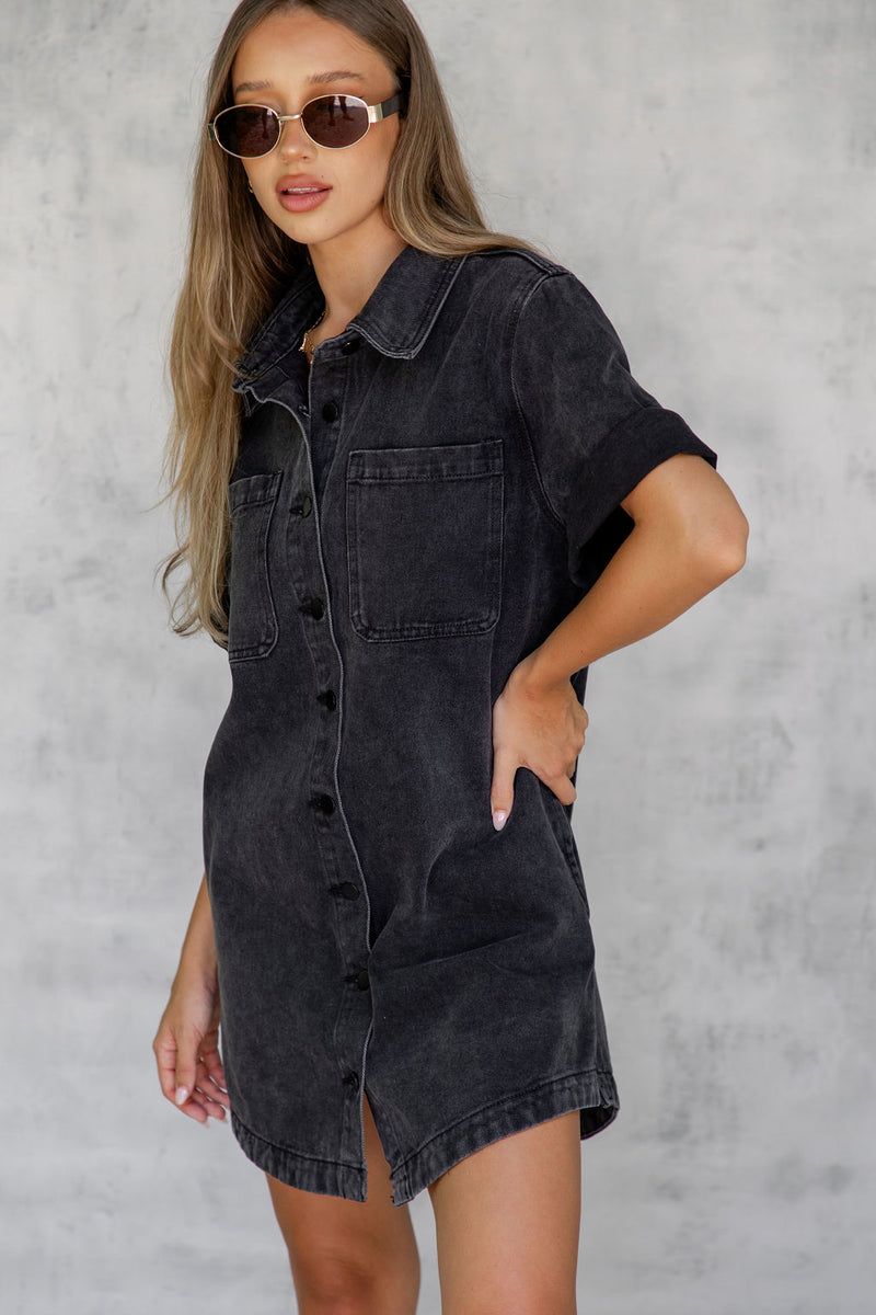 Tallow Relaxed-Fit Denim Mini Dress - Black - The Self Styler