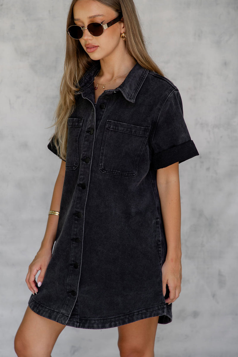 Tallow Relaxed-Fit Denim Mini Dress - Black - The Self Styler