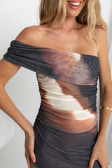 Zendaya Mesh Assymetrical Maxi Dress - Choc Watercolour - The Self Styler