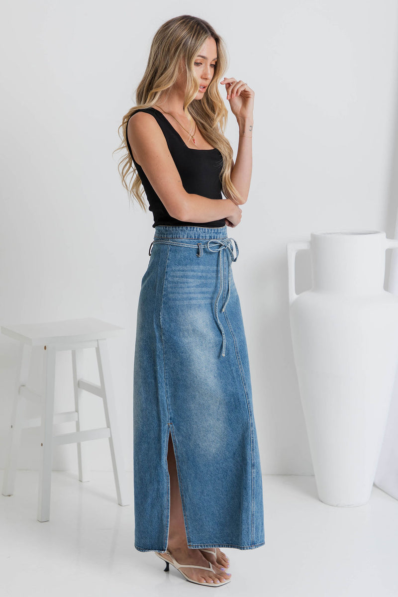 Skye Denim Maxi Skirt - Mid-Wash - The Self Styler