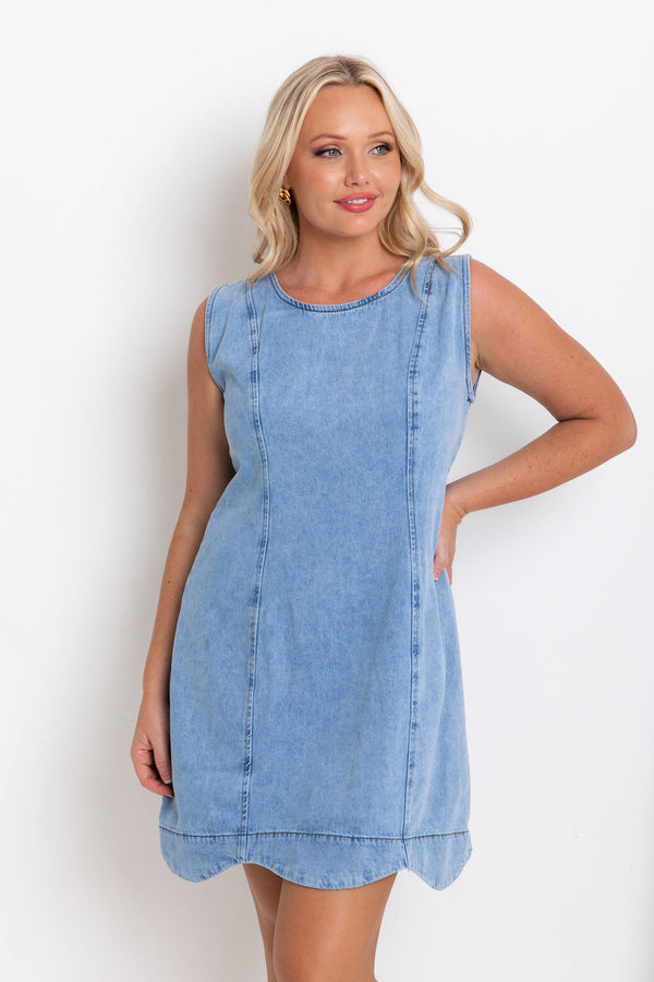 Wren Scallop Trim Denim Dress - Mid Wash Blue - The Self Styler