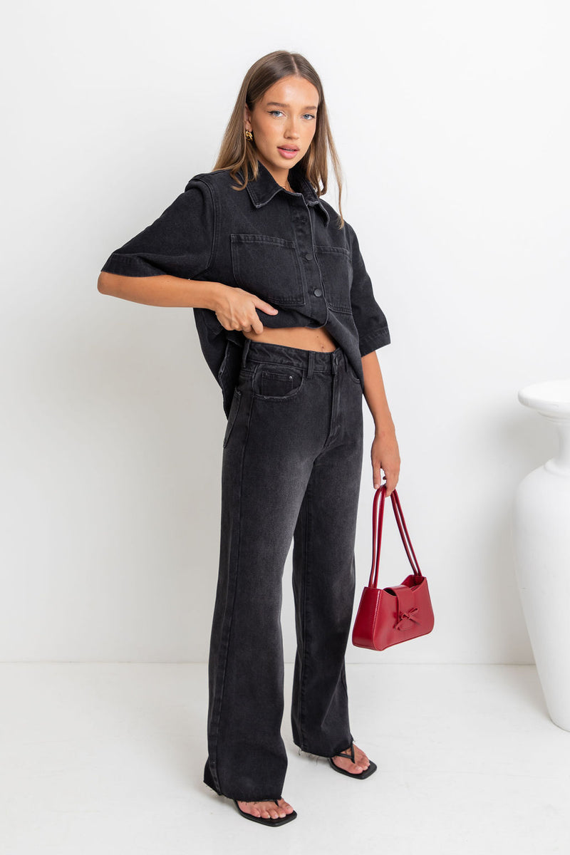 Dakota High-Rise Wide-Leg Denim Jeans - Black Wash - The Self Styler - The Self Styler