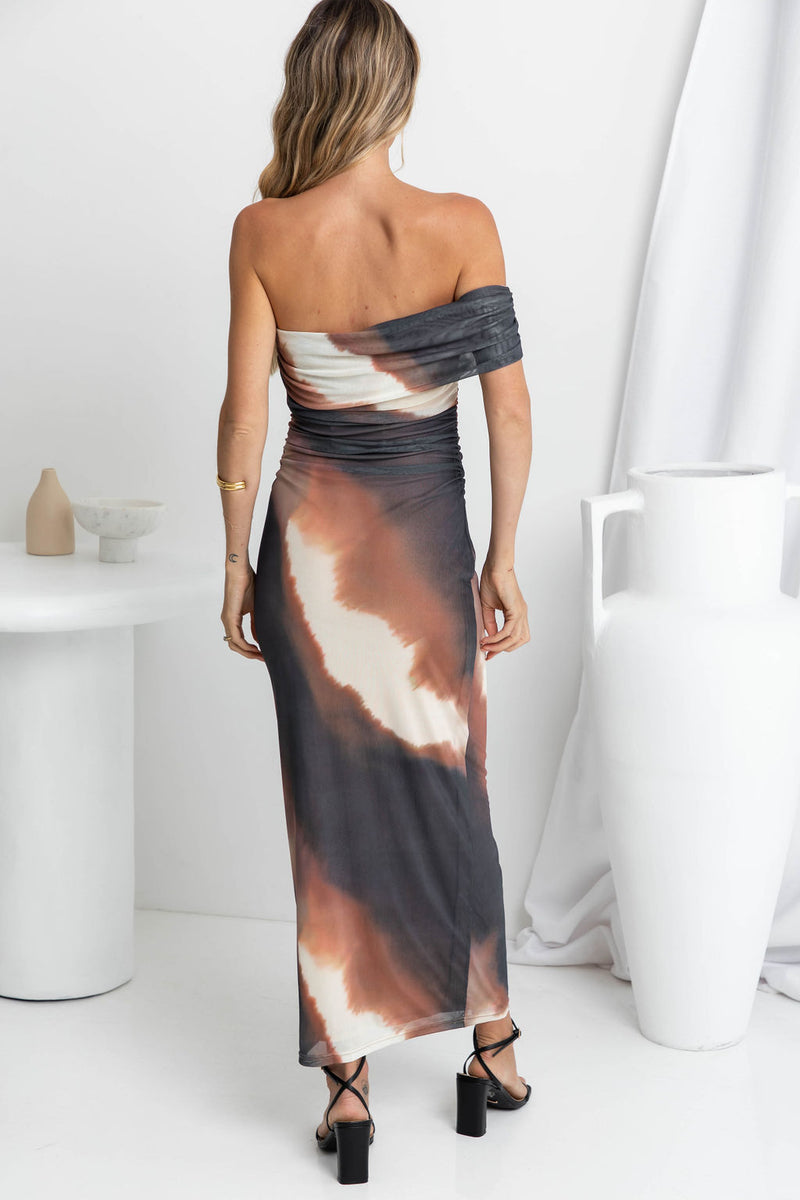 Zendaya Mesh Assymetrical Maxi Dress - Choc Watercolour - The Self Styler