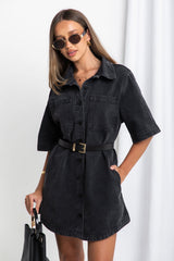 Tallow Relaxed-Fit Denim Mini Dress - Black - The Self Styler