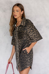 Tallow Relaxed-Fit Denim Mini Dress - Leopard Print - The Self Styler