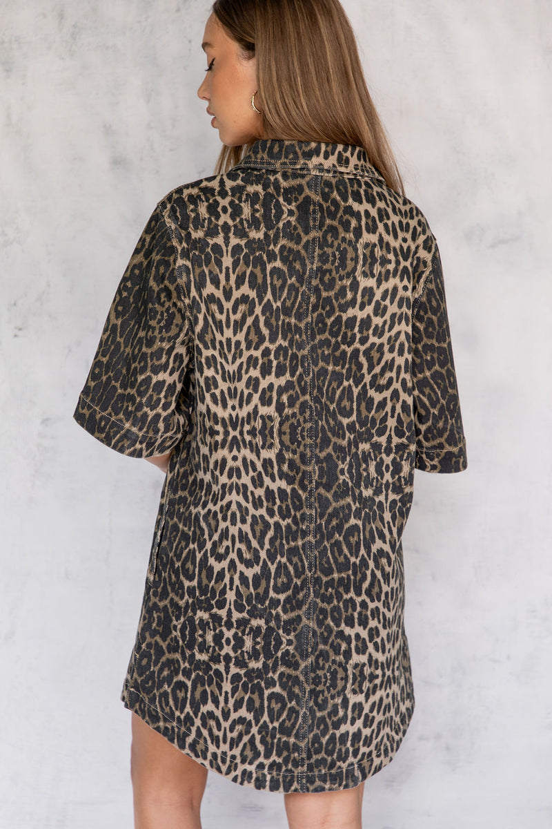 Tallow Relaxed-Fit Denim Mini Dress - Leopard Print - The Self Styler