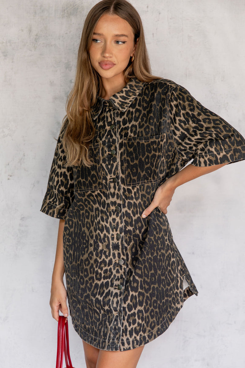 Tallow Relaxed-Fit Denim Mini Dress - Leopard Print - The Self Styler